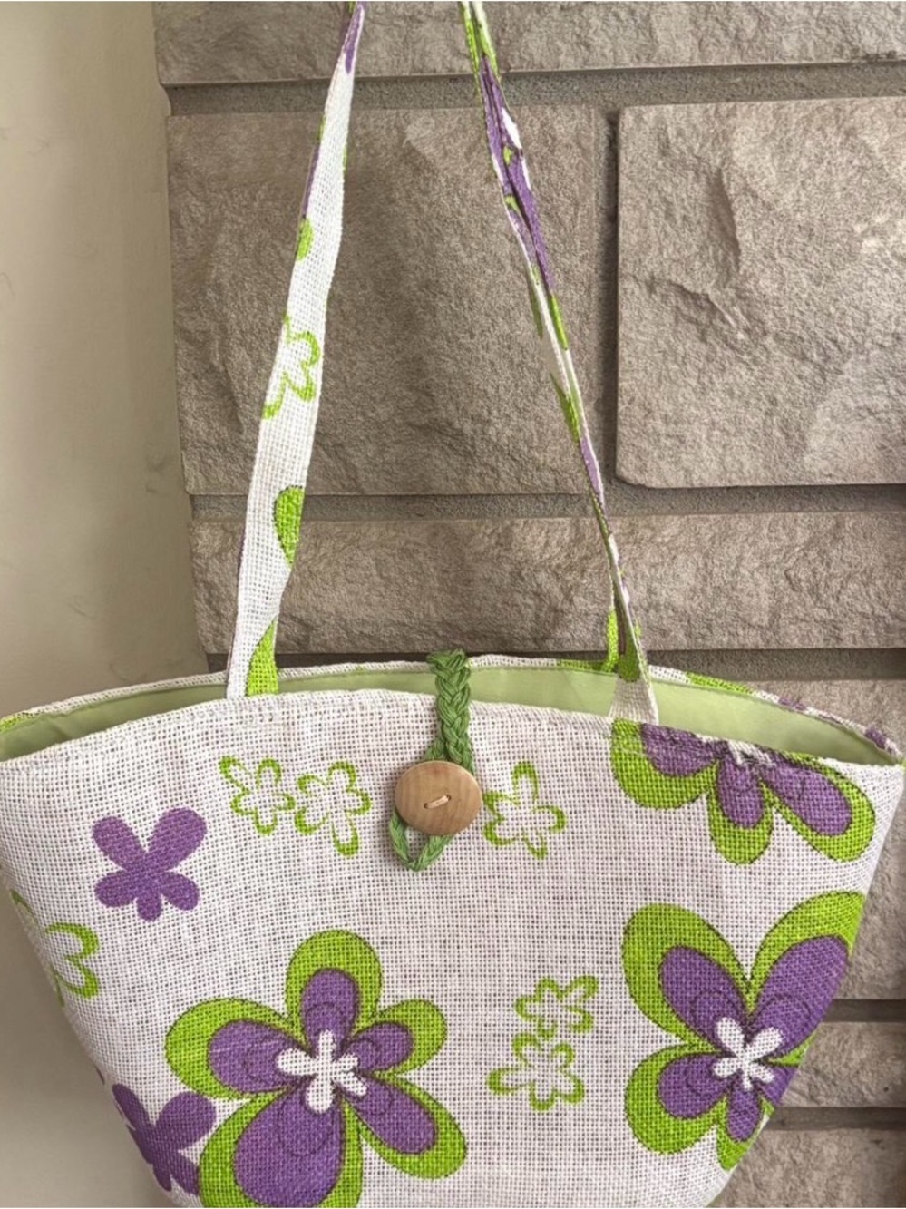 Canvas Floral Tote Bag in Purple and Lime - Women's Shoulder Bag